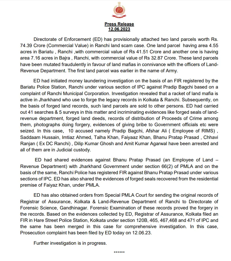 ED press release land scam