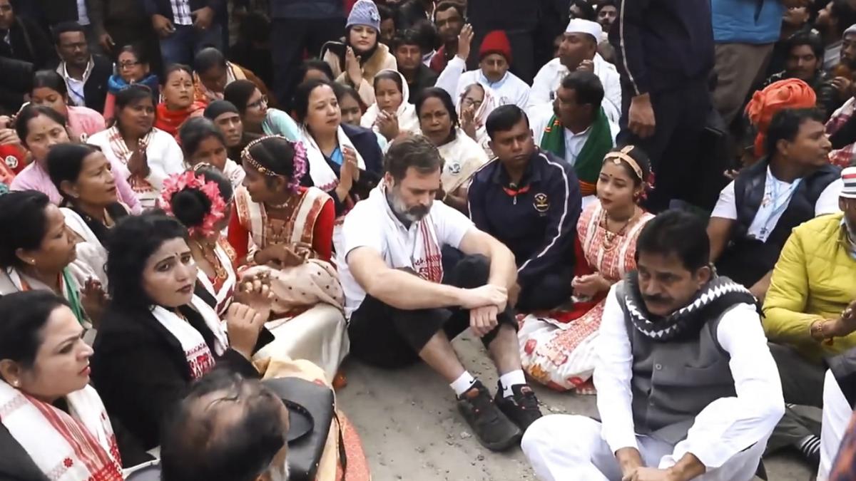 Supporters in Assam sing “Raghupati Raghav” by the barriers as Rahul Gandhi’s yatra is prevented from reaching Batadrava Than.